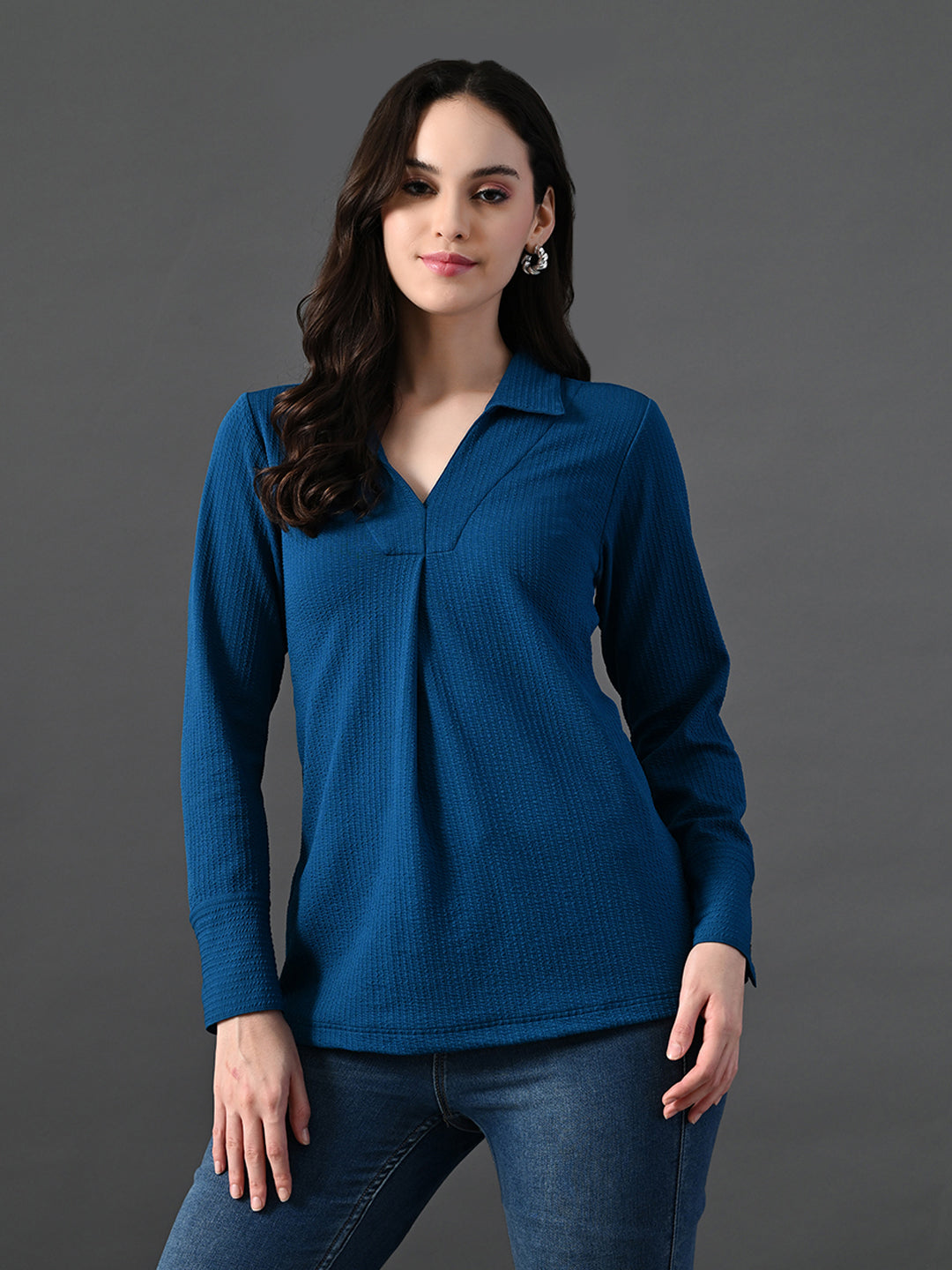 Myshka Women's Classic Blue V-Neck Full Sleeve Top For Daily Wear | Grocsy