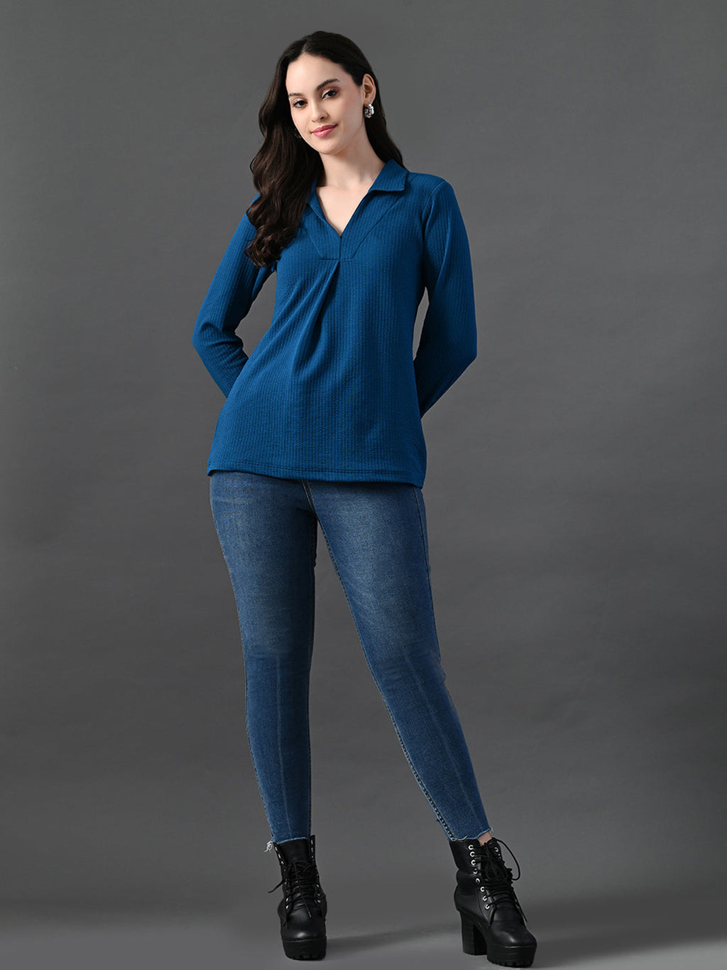 Myshka Women's Classic Blue V-Neck Full Sleeve Top For Daily Wear | Grocsy