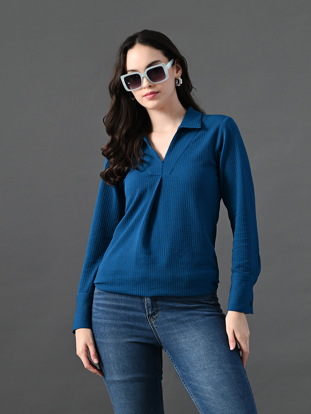 Myshka Women's Classic Blue V-Neck Full Sleeve Top For Daily Wear | Grocsy