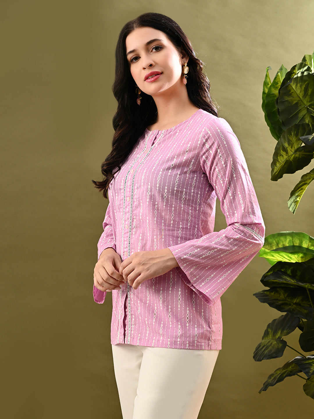 Myshka Women's Pink Printed Tunic With Lace | Grocsy