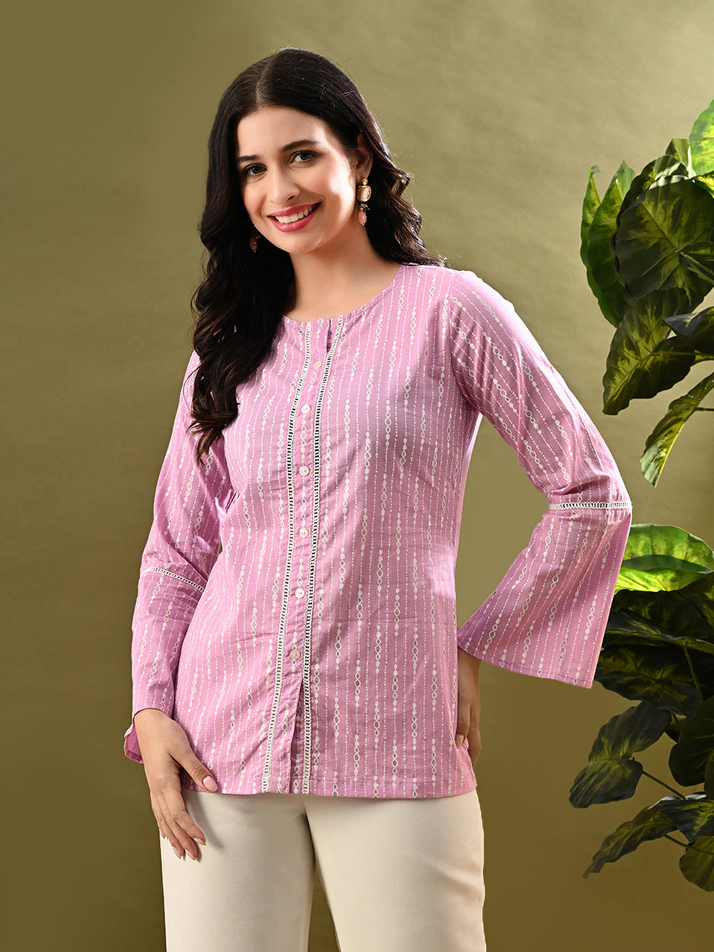 Myshka Women's Pink Printed Tunic With Lace | Grocsy