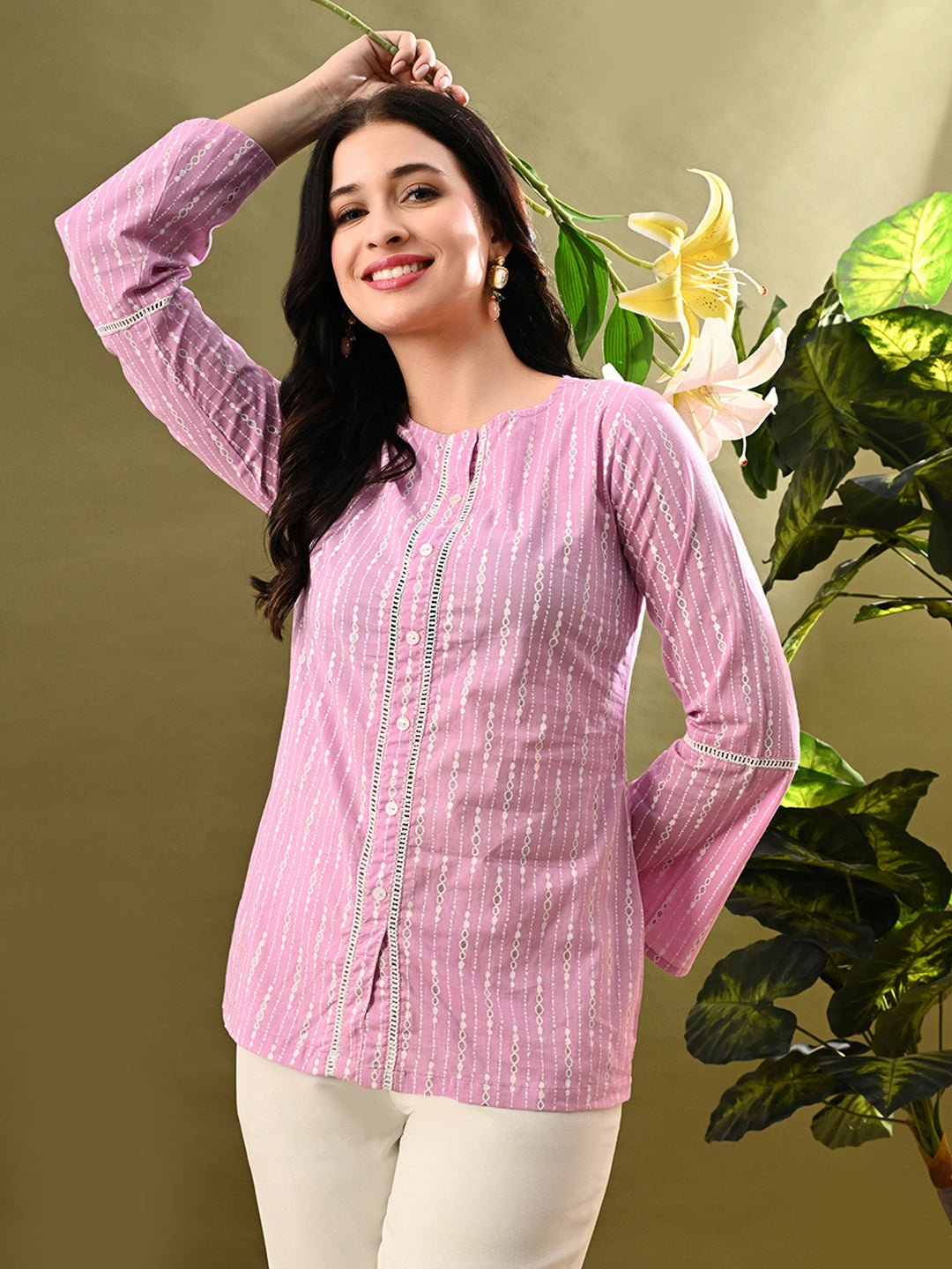 Myshka Women's Pink Printed Tunic With Lace | Grocsy