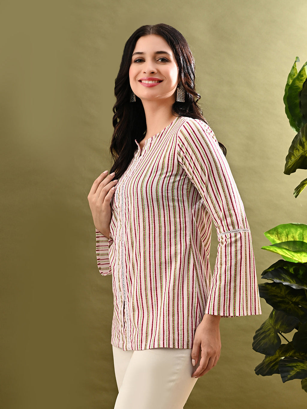 Myshka Women's Multi Stripe Printed Tunic With Lace | Grocsy