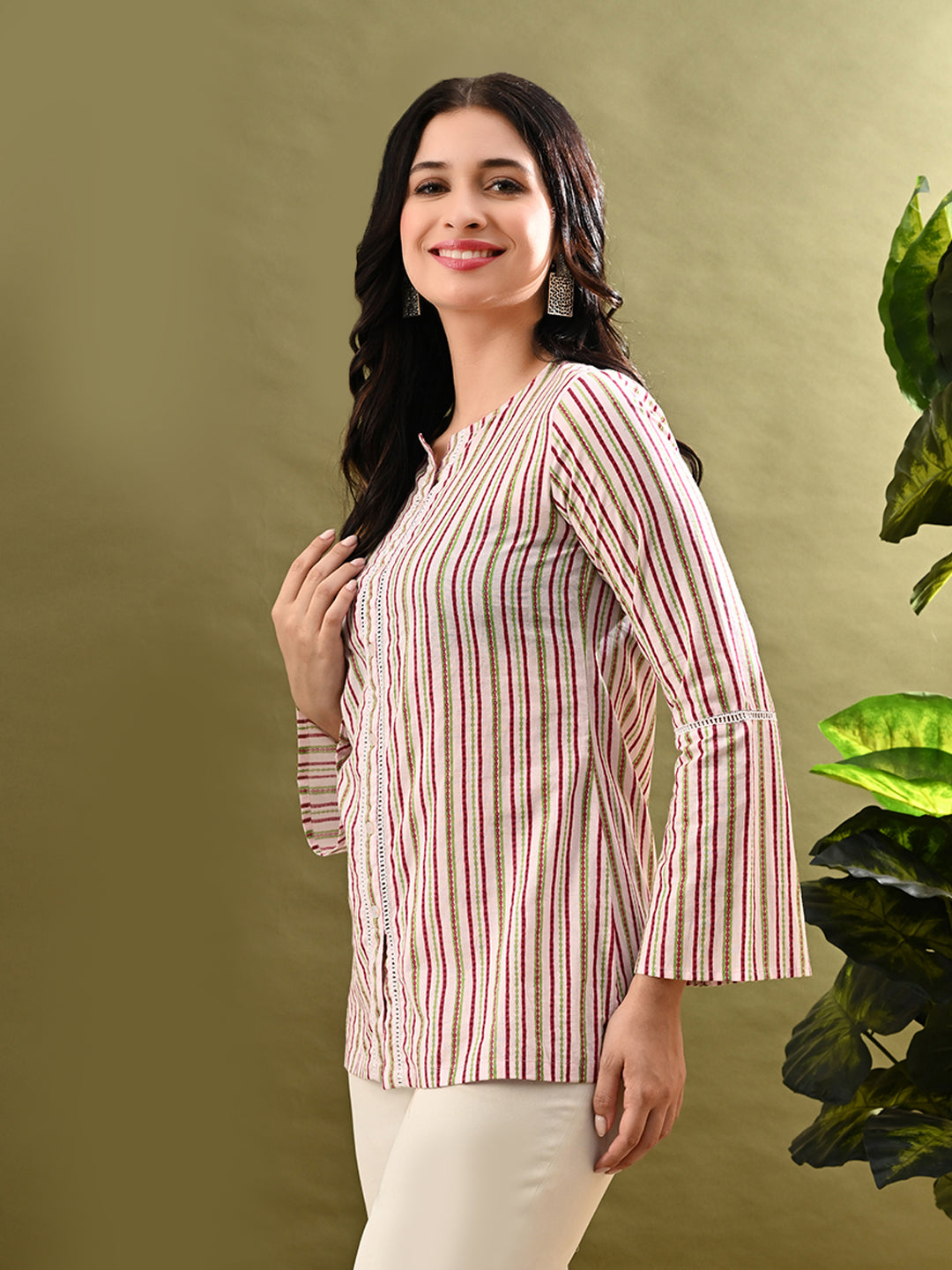 Myshka Women's Multi Stripe Printed Tunic With Lace | Grocsy