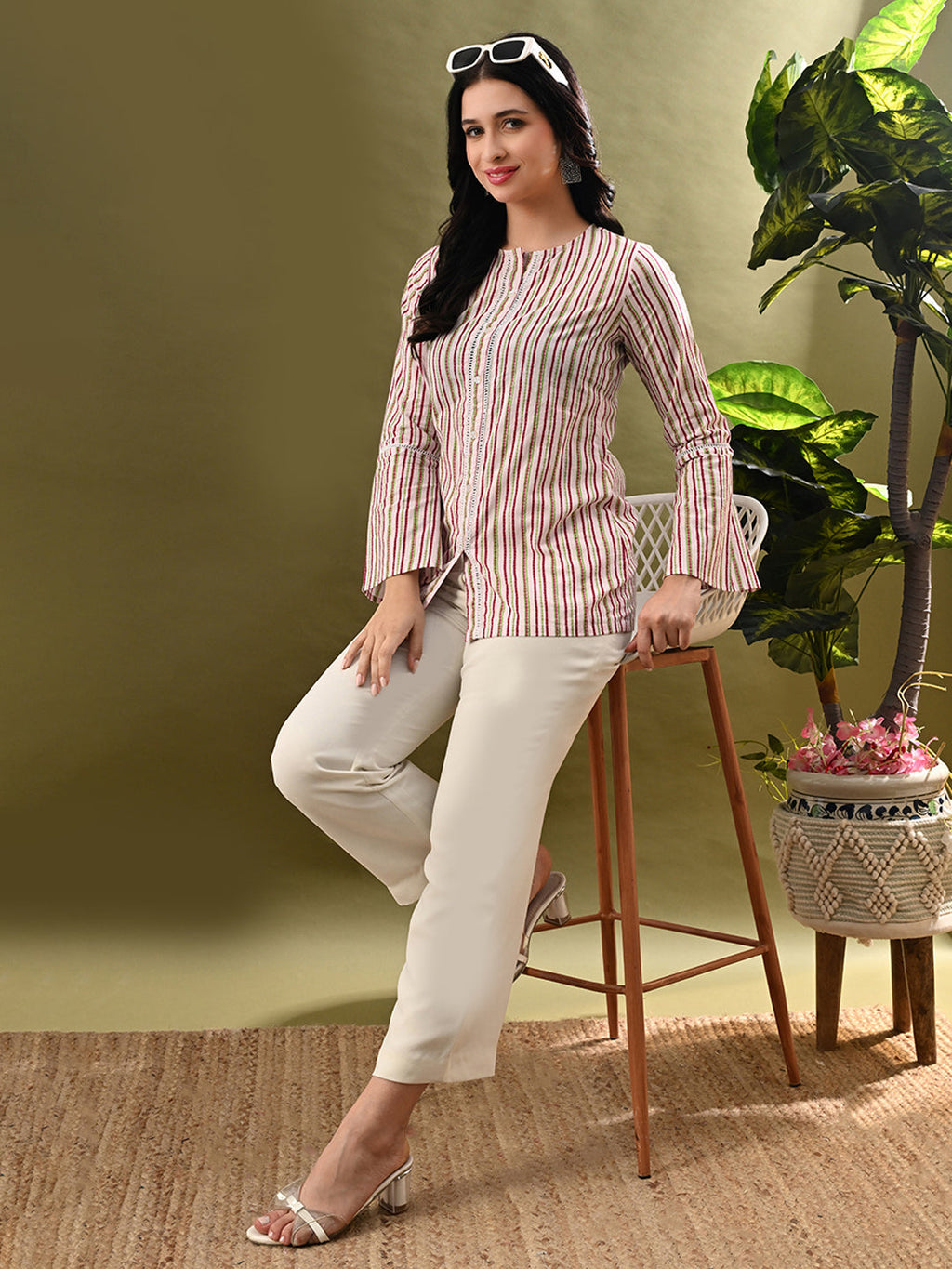 Myshka Women's Multi Stripe Printed Tunic With Lace | Grocsy