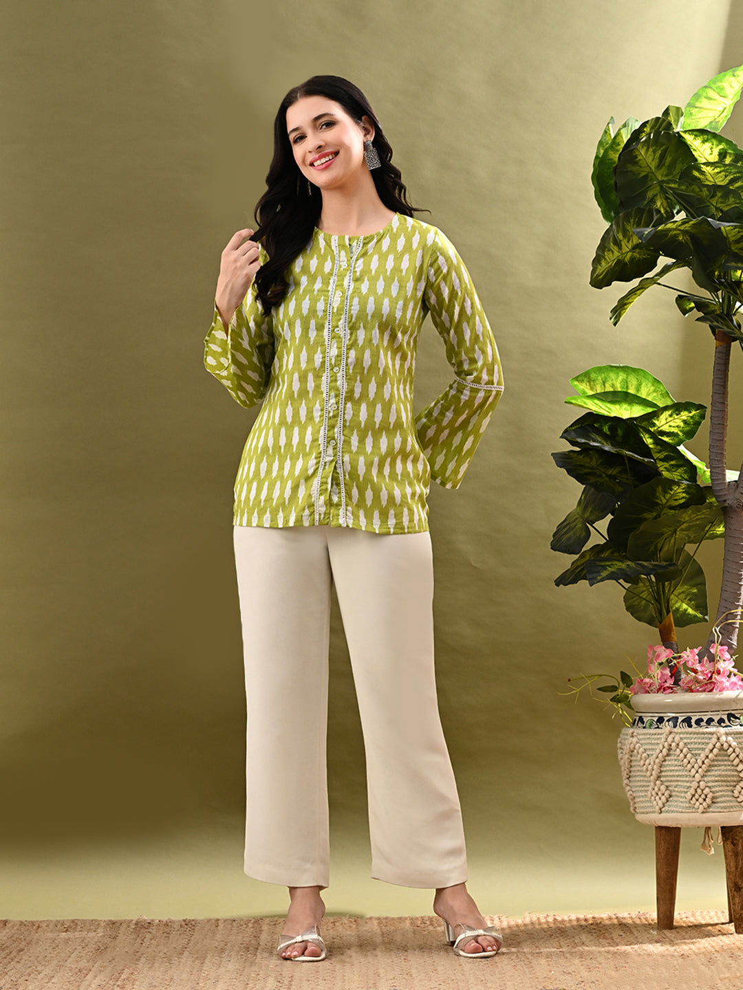 Myshka Women's Green Printed Tunic With Lace | Grocsy