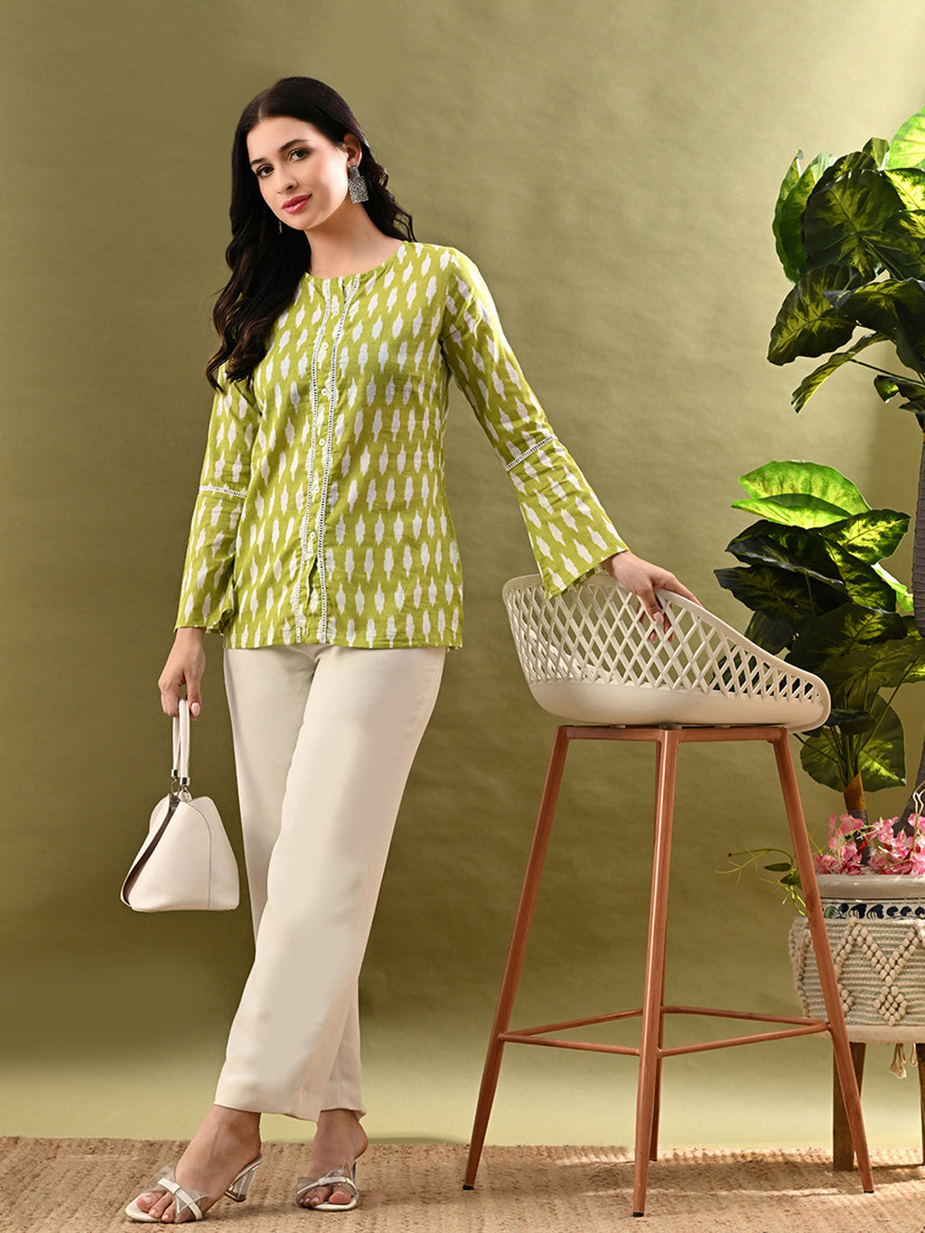 Myshka Women's Green Printed Tunic With Lace | Grocsy