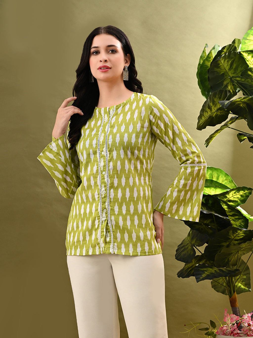 Myshka Women's Green Printed Tunic With Lace | Grocsy