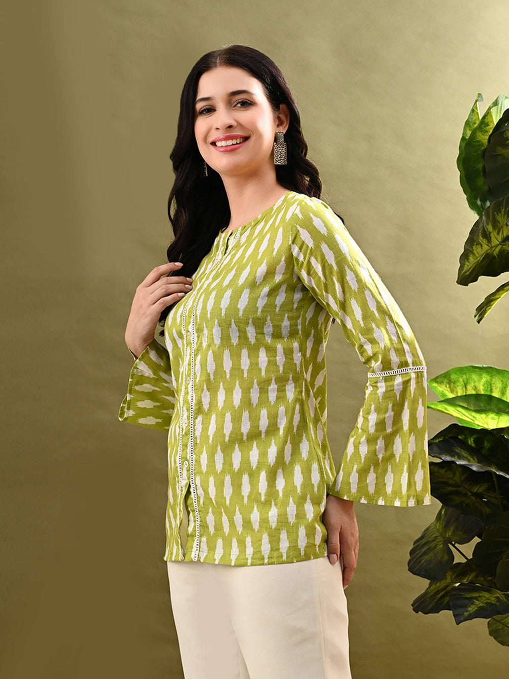Myshka Women's Green Printed Tunic With Lace | Grocsy