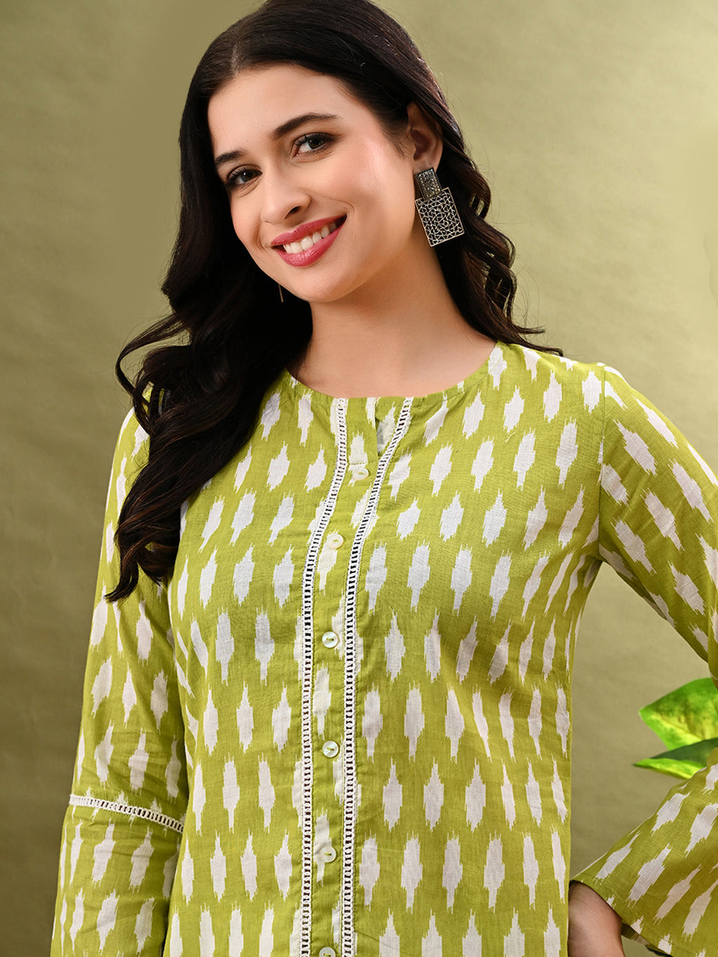Myshka Women's Green Printed Tunic With Lace | Grocsy