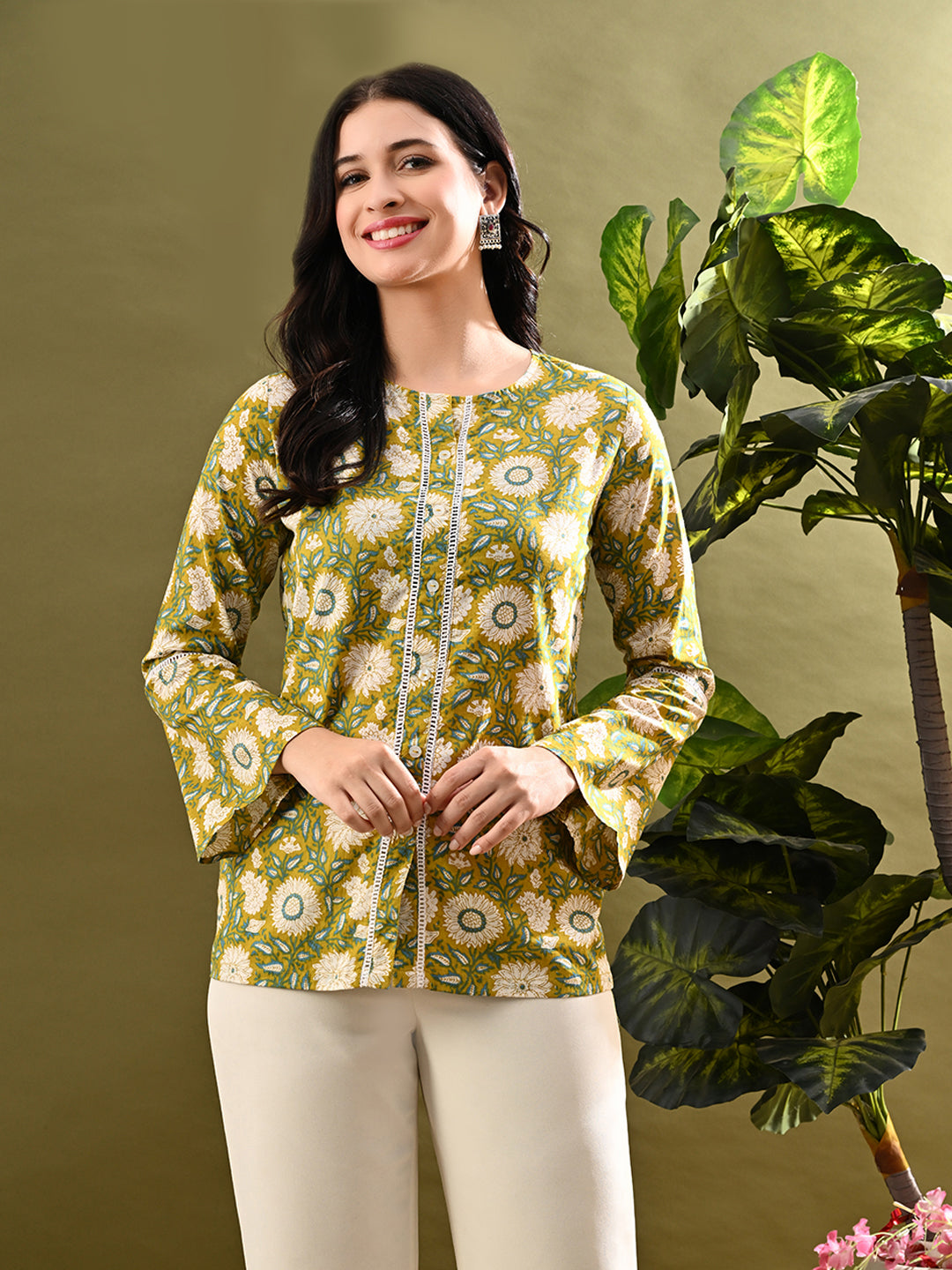 Myshka Women's Green Flower Printed Tunic With Lace | Grocsy