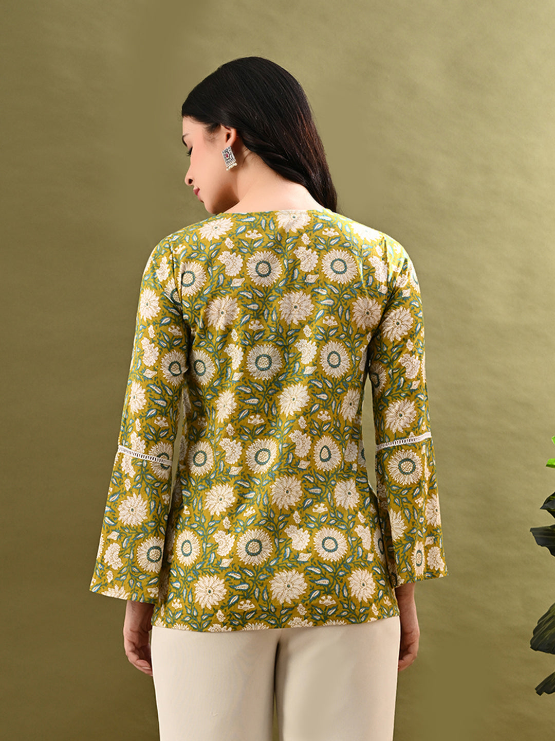 Myshka Women's Green Flower Printed Tunic With Lace | Grocsy