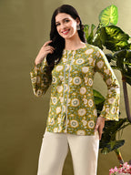 Myshka Women's Green Flower Printed Tunic With Lace | Grocsy