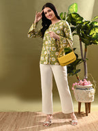 Myshka Women's Green Flower Printed Tunic With Lace | Grocsy