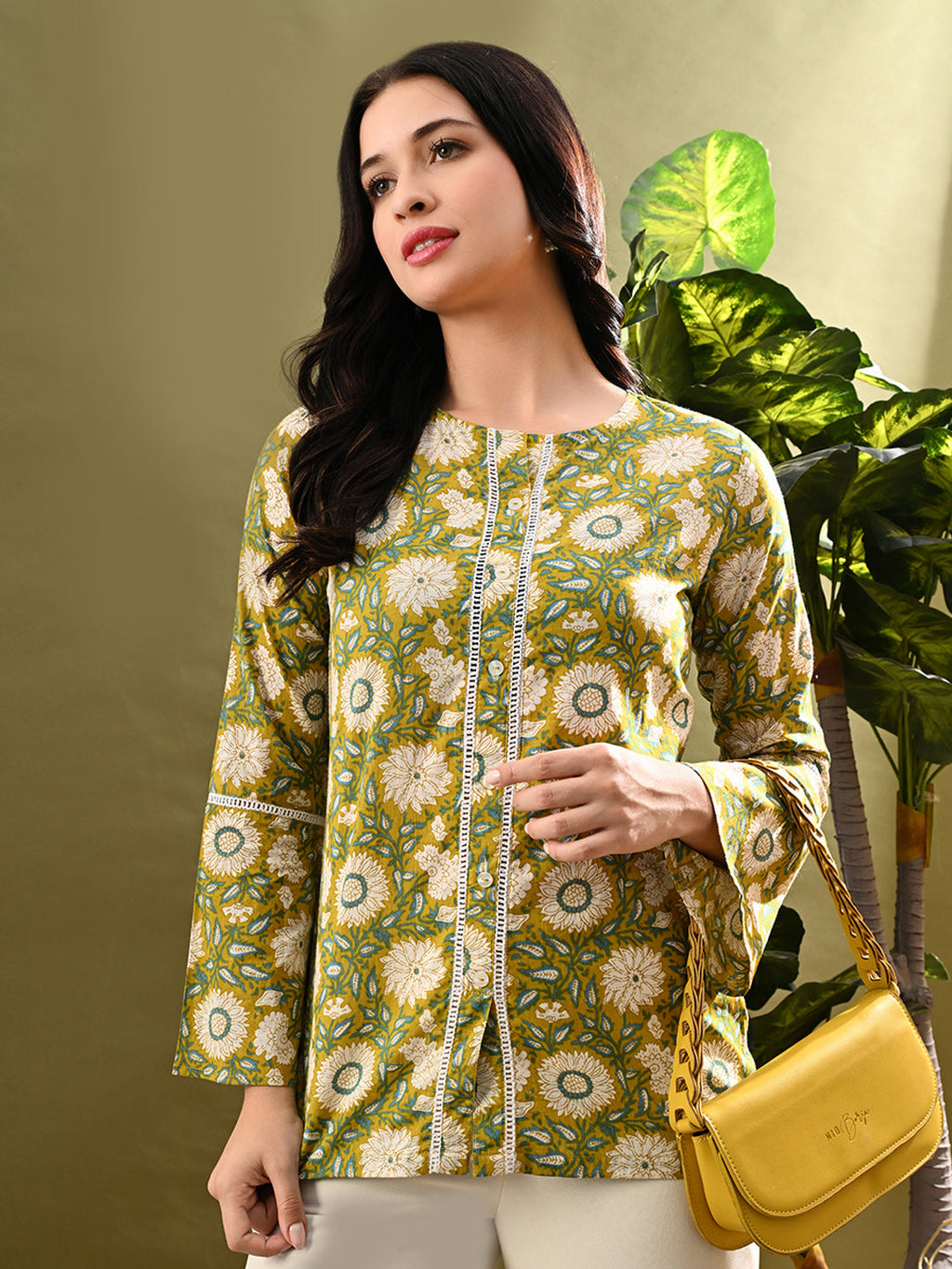 Myshka Women's Green Flower Printed Tunic With Lace | Grocsy