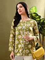 Myshka Women's Green Flower Printed Tunic With Lace | Grocsy