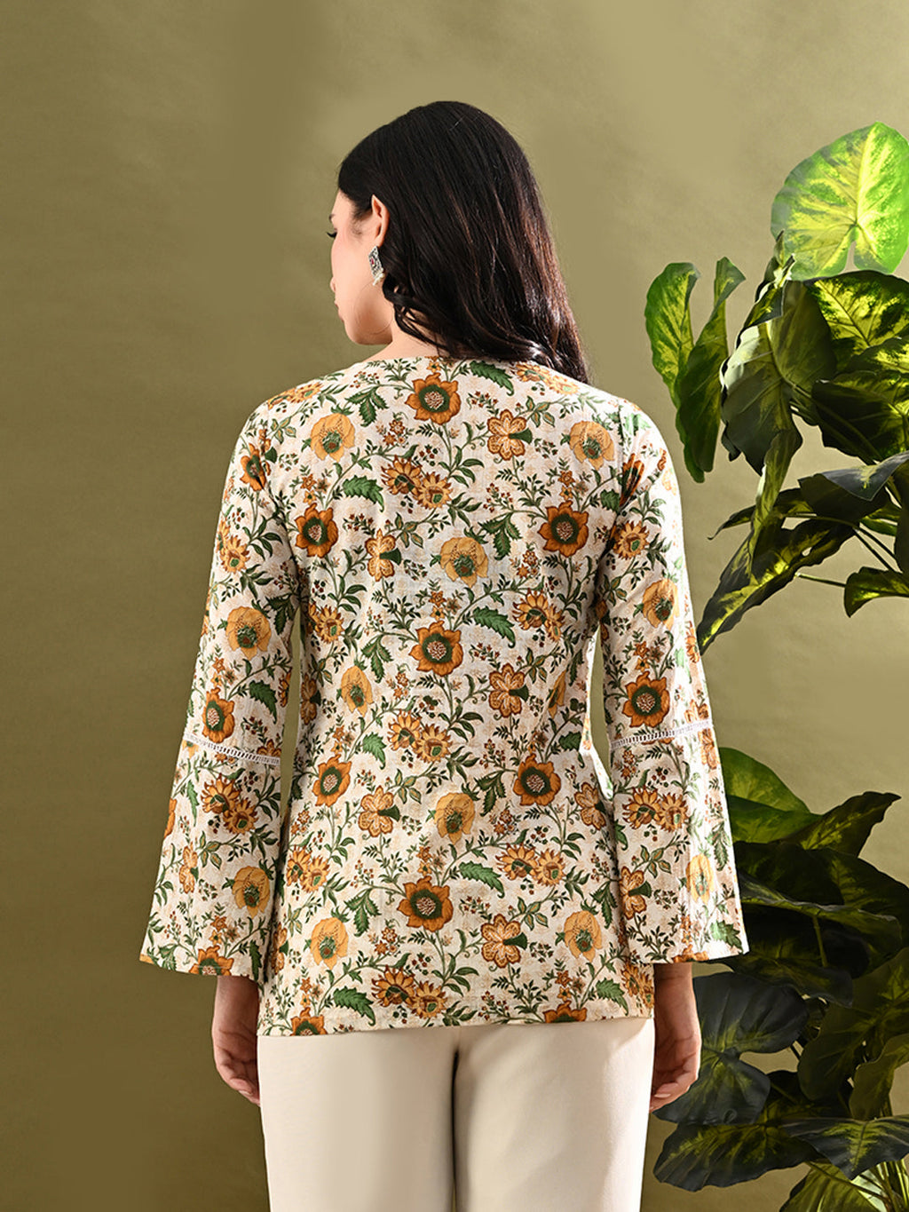 Myshka Women's Green Flower Printed Tunic With Lace | Grocsy