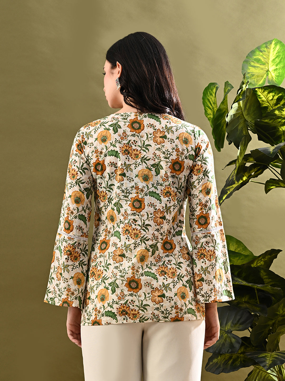 Myshka Women's Green Flower Printed Tunic With Lace | Grocsy