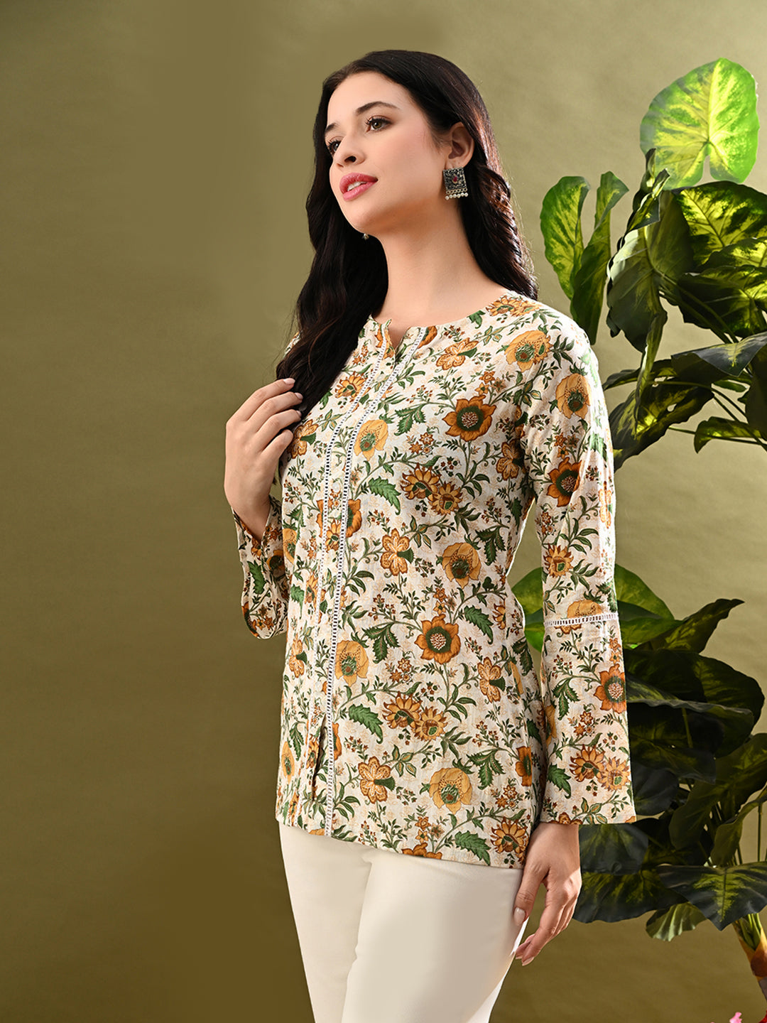 Myshka Women's Green Flower Printed Tunic With Lace | Grocsy