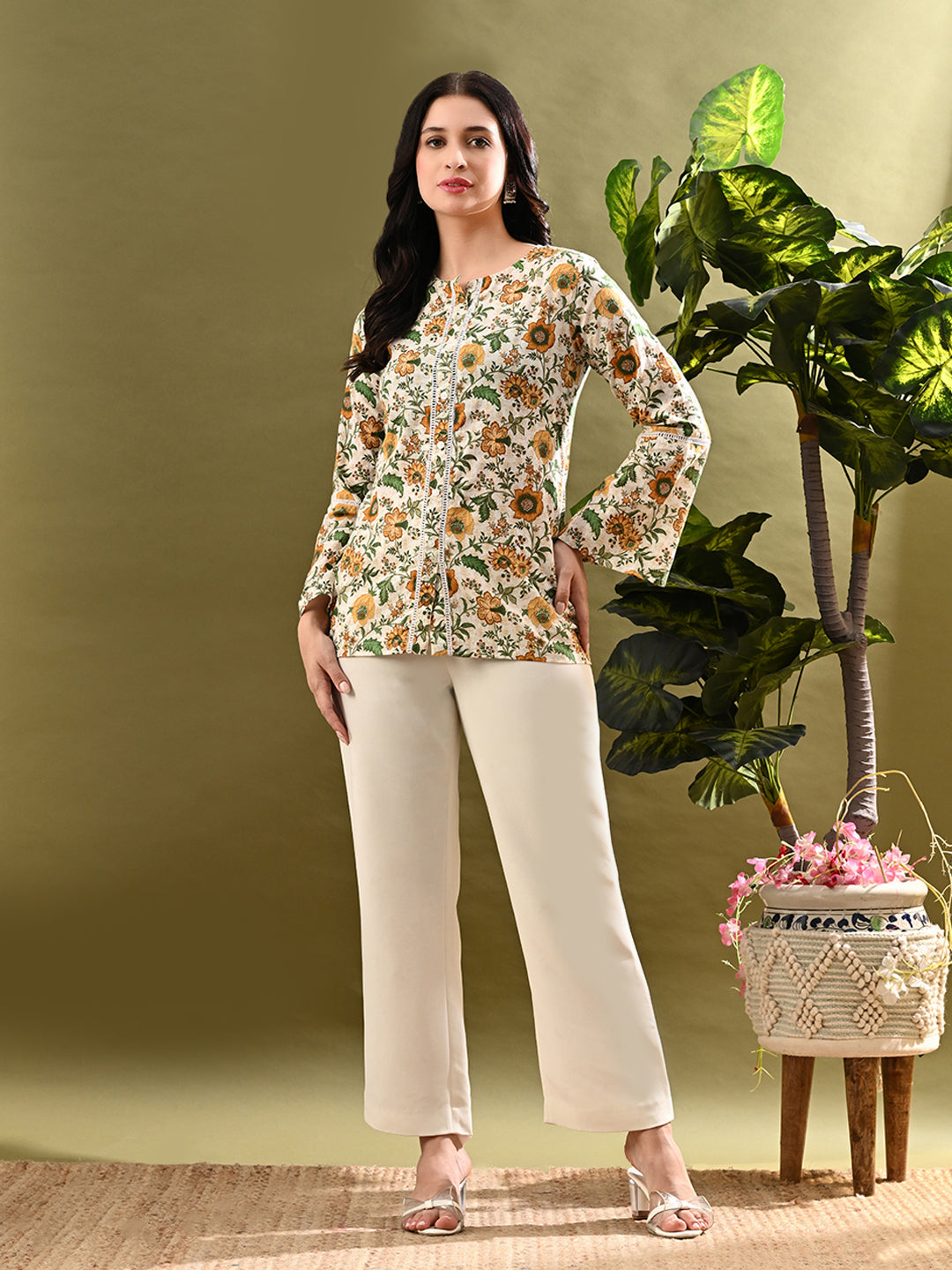 Myshka Women's Green Flower Printed Tunic With Lace | Grocsy