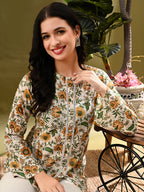 Myshka Women's Green Flower Printed Tunic With Lace | Grocsy