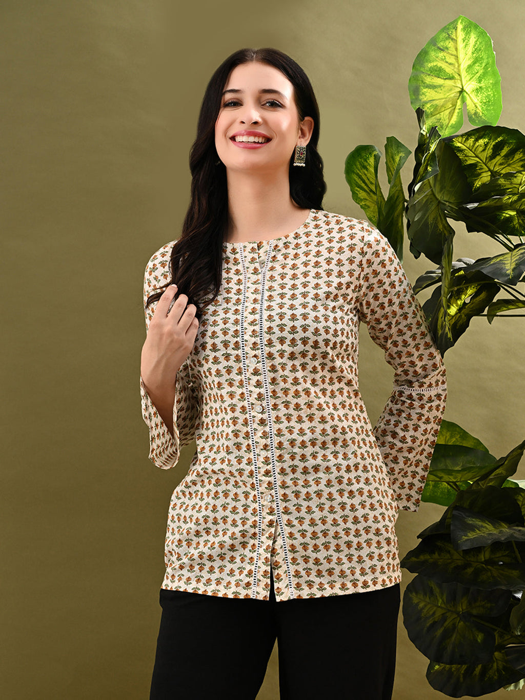 Myshka Women's Green Small Flower Printed Tunic With Lace | Grocsy