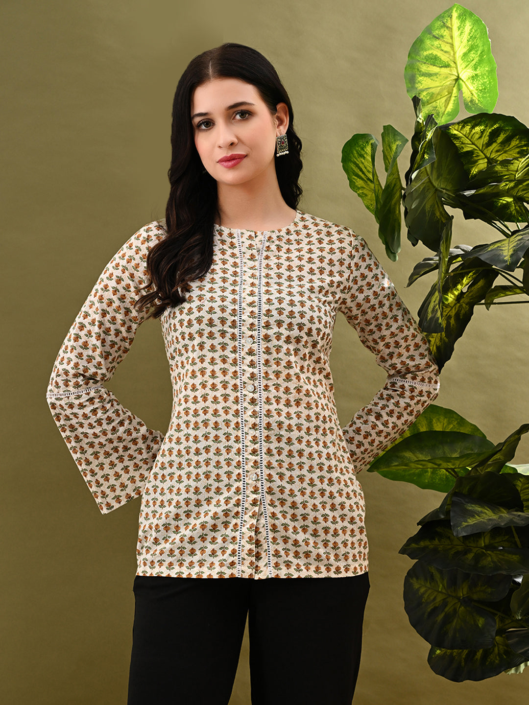Myshka Women's Green Small Flower Printed Tunic With Lace | Grocsy