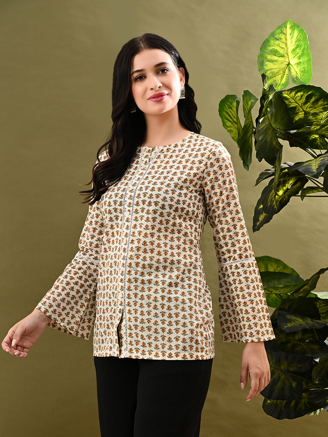 Myshka Women's Green Small Flower Printed Tunic With Lace | Grocsy