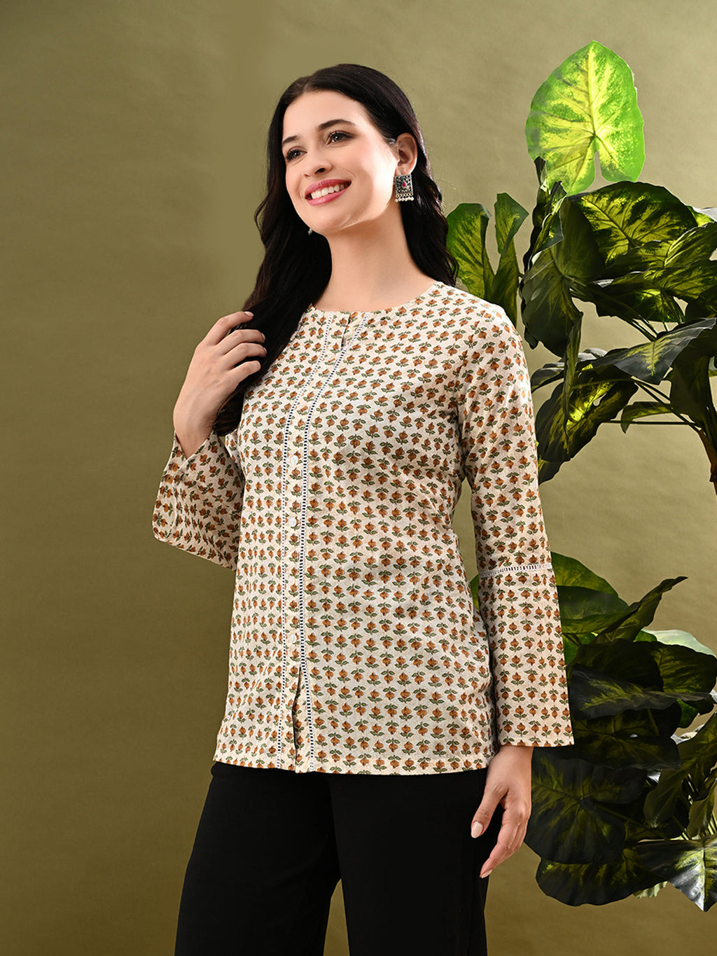 Myshka Women's Green Small Flower Printed Tunic With Lace | Grocsy