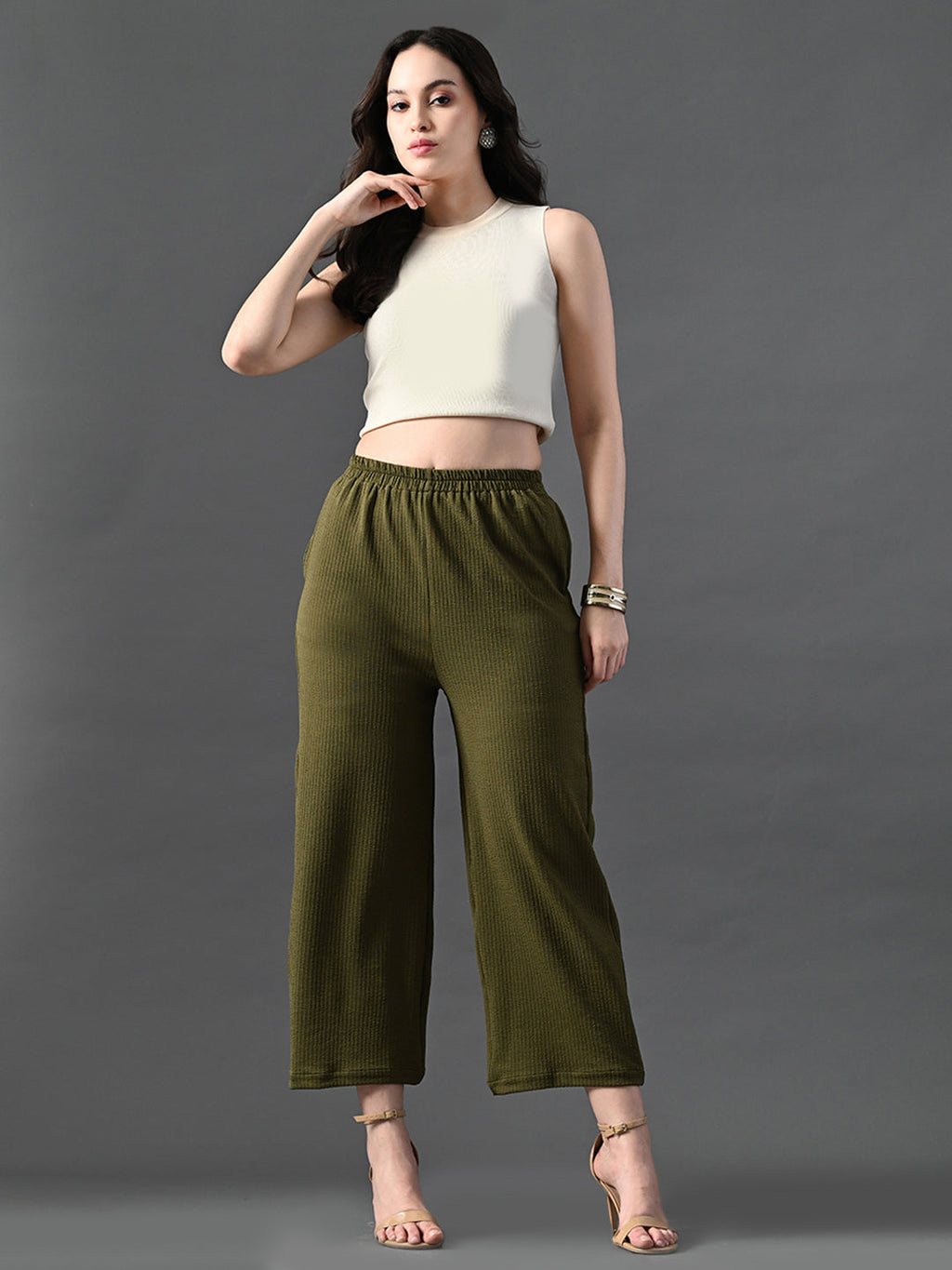 Myshka Women's Olive Traight Fit Party Trouser | Grocsy