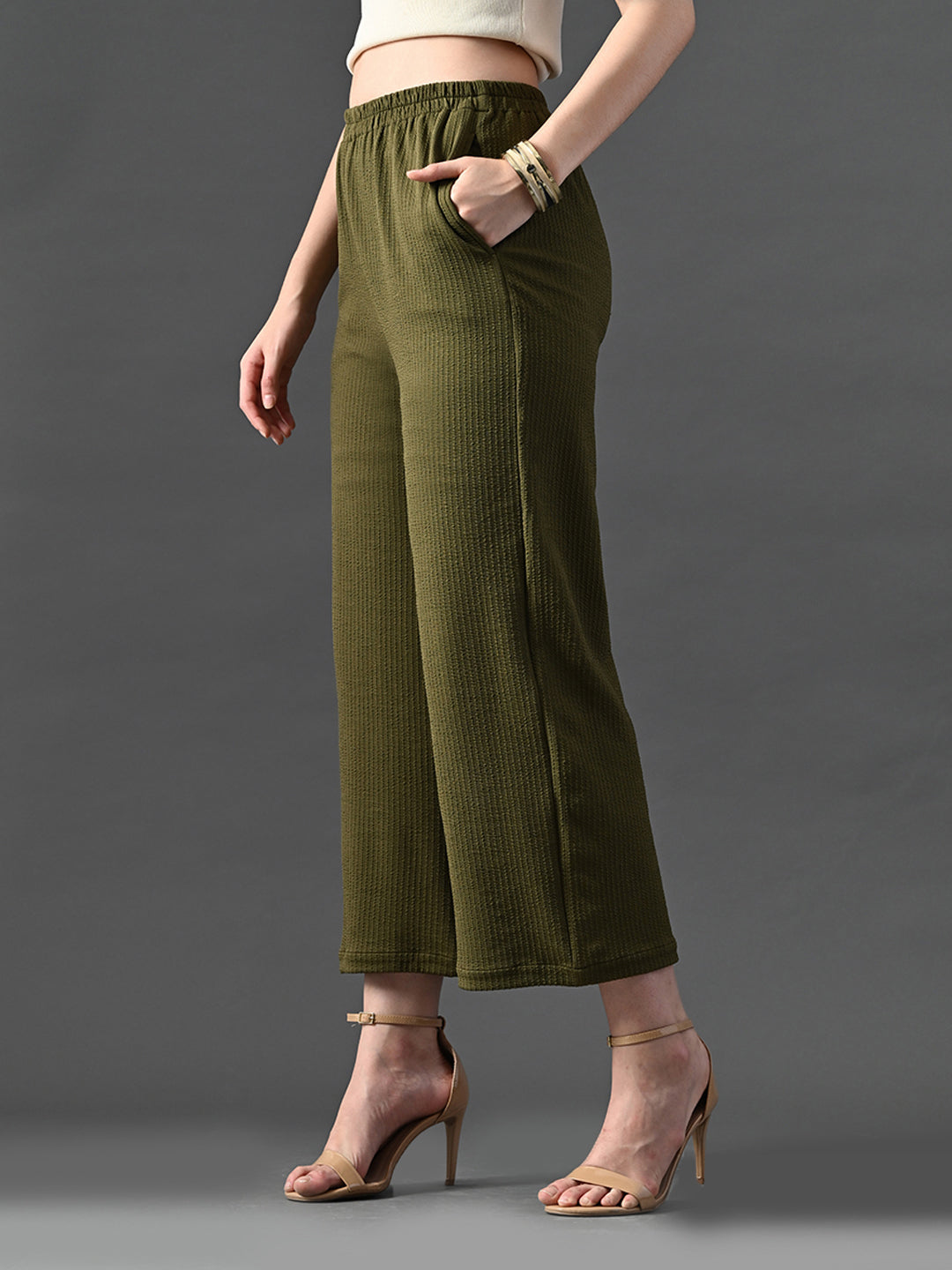 Myshka Women's Olive Traight Fit Party Trouser | Grocsy