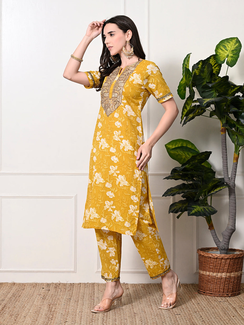 Myshka Women's Cotton Yellow Printed Kurta Set | Grocsy