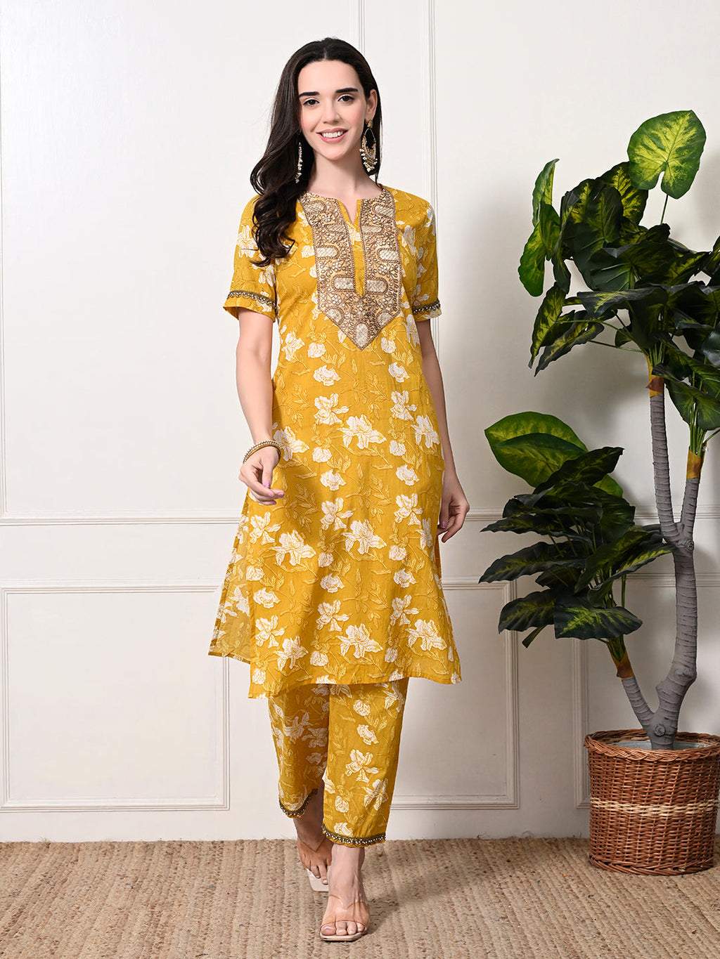 Myshka Women's Cotton Yellow Printed Kurta Set | Grocsy