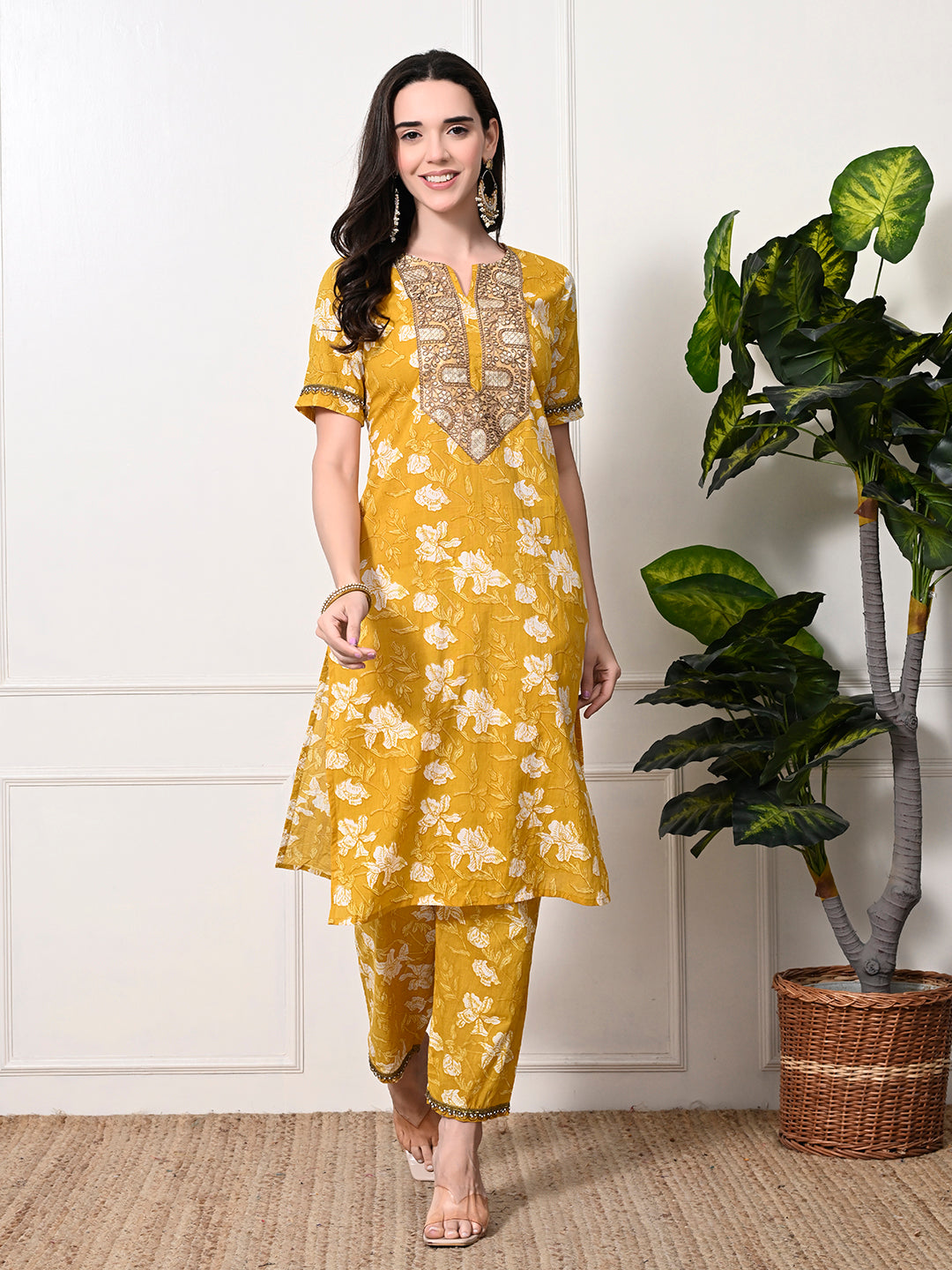 Myshka Women's Cotton Yellow Printed Kurta Set | Grocsy