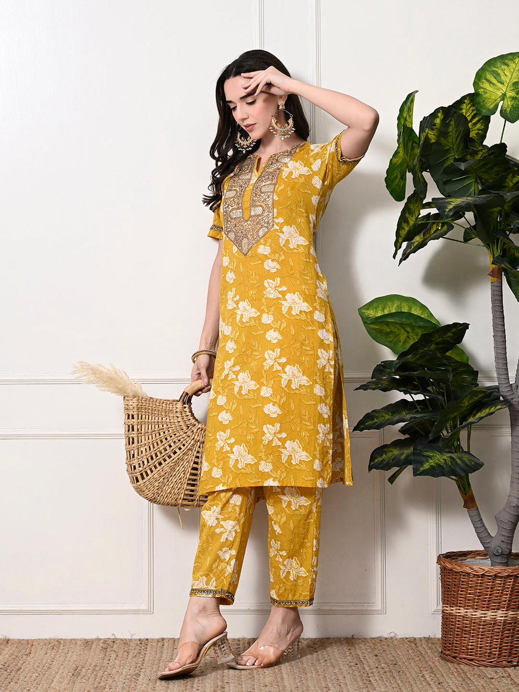 Myshka Women's Cotton Yellow Printed Kurta Set | Grocsy