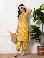 Myshka Women's Cotton Yellow Printed Kurta Set | Grocsy
