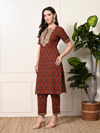 Myshka Women's Cotton Red Printed Kurta Set | Grocsy