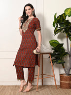 Myshka Women's Cotton Red Printed Kurta Set | Grocsy