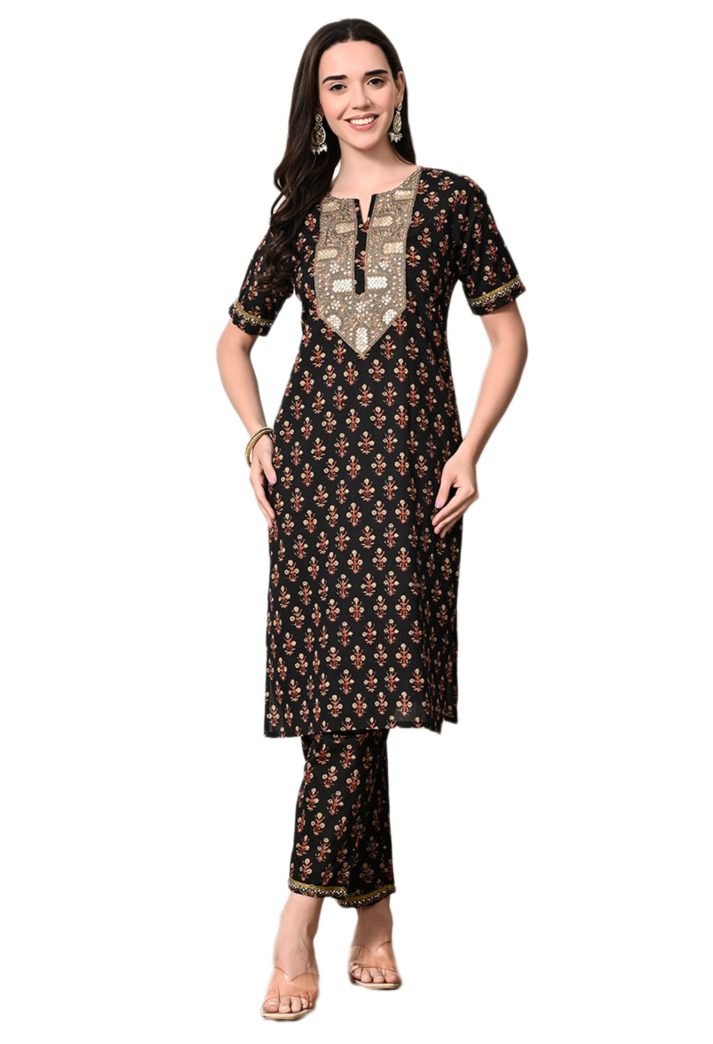 Myshka Women's Cotton Black Printed Kurta Set | Grocsy