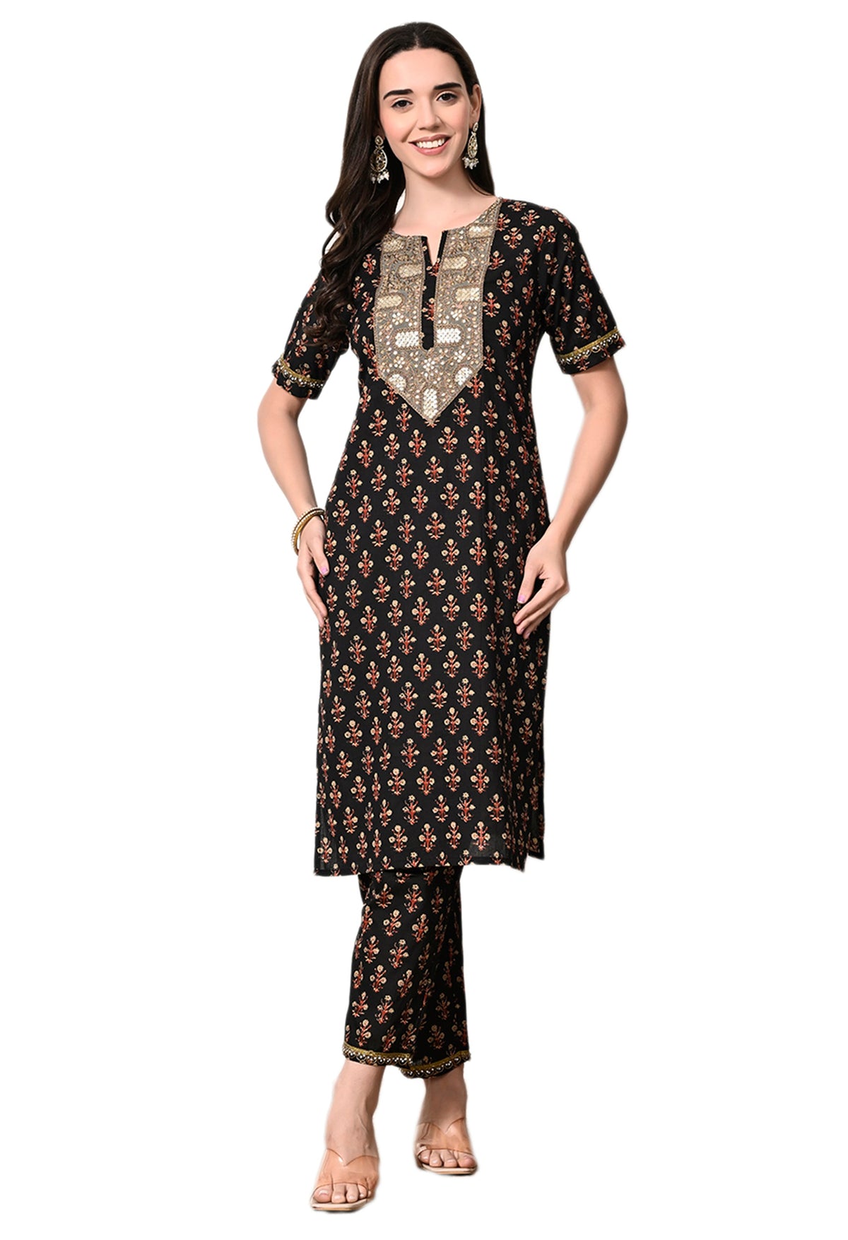Myshka Women's Cotton Black Printed Kurta Set | Grocsy