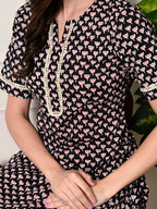 Myshka Women's Cotton Black Printed Kurta Set | Grocsy