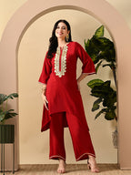 Myshka Women's Embroidered Keyhole Neck Bell Sleeves Kurta & Palazzos Set With Dupattas In Red Colour | Grocsy
