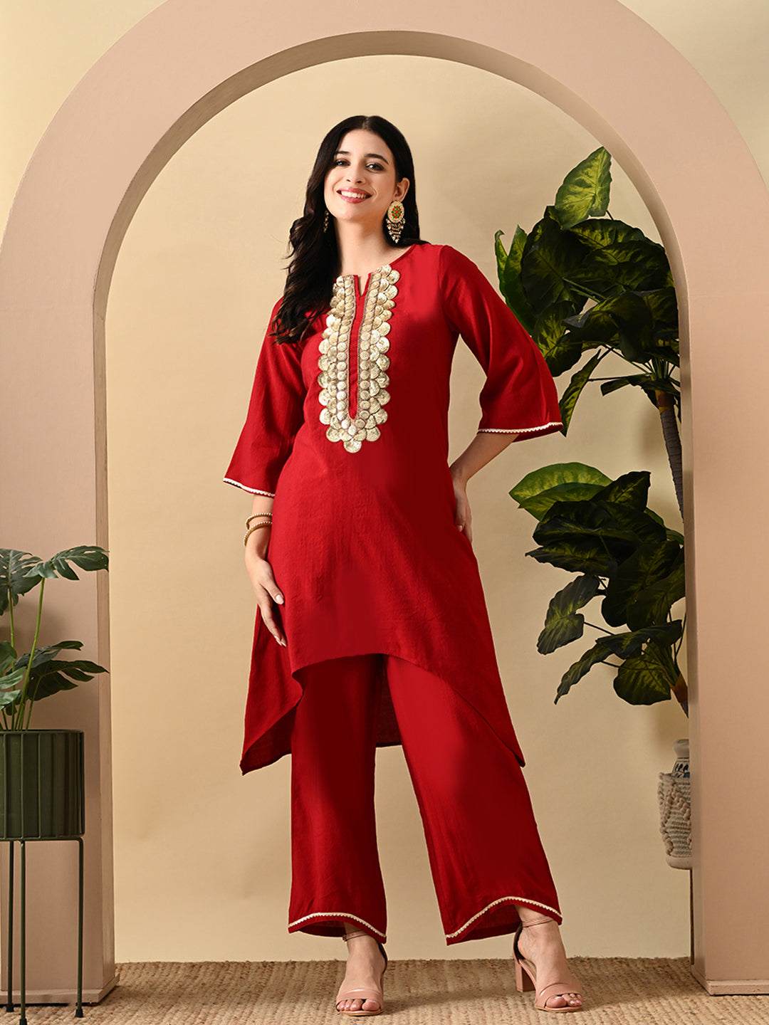 Myshka Women's Embroidered Keyhole Neck Bell Sleeves Kurta & Palazzos Set With Dupattas In Red Colour | Grocsy