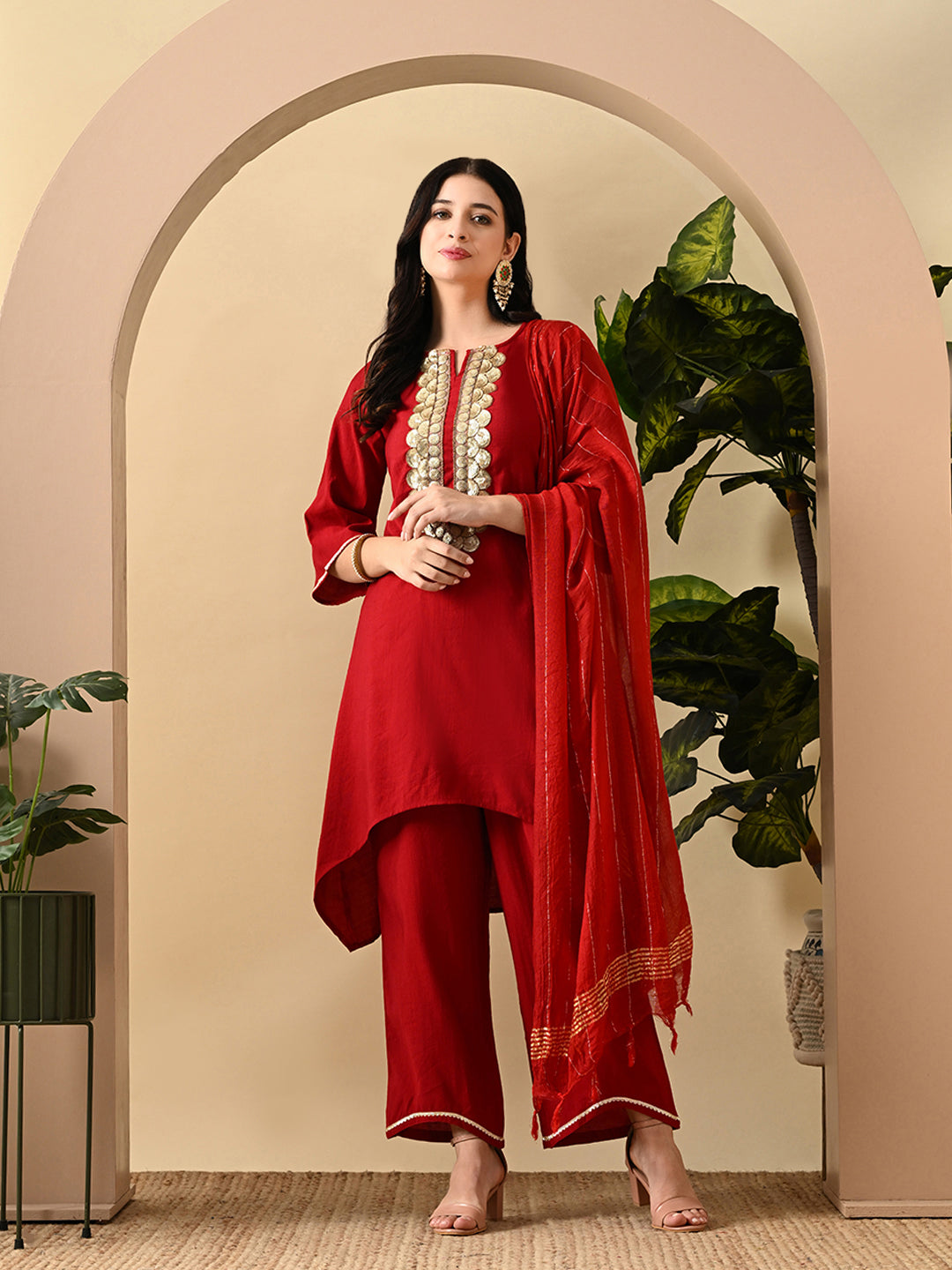 Myshka Women's Embroidered Keyhole Neck Bell Sleeves Kurta & Palazzos Set With Dupattas In Red Colour | Grocsy