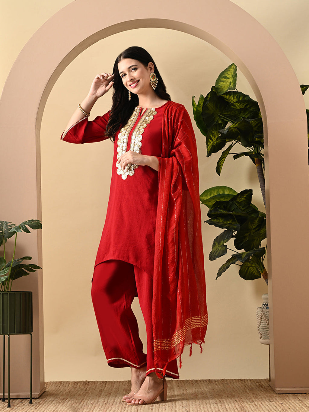 Myshka Women's Embroidered Keyhole Neck Bell Sleeves Kurta & Palazzos Set With Dupattas In Red Colour | Grocsy