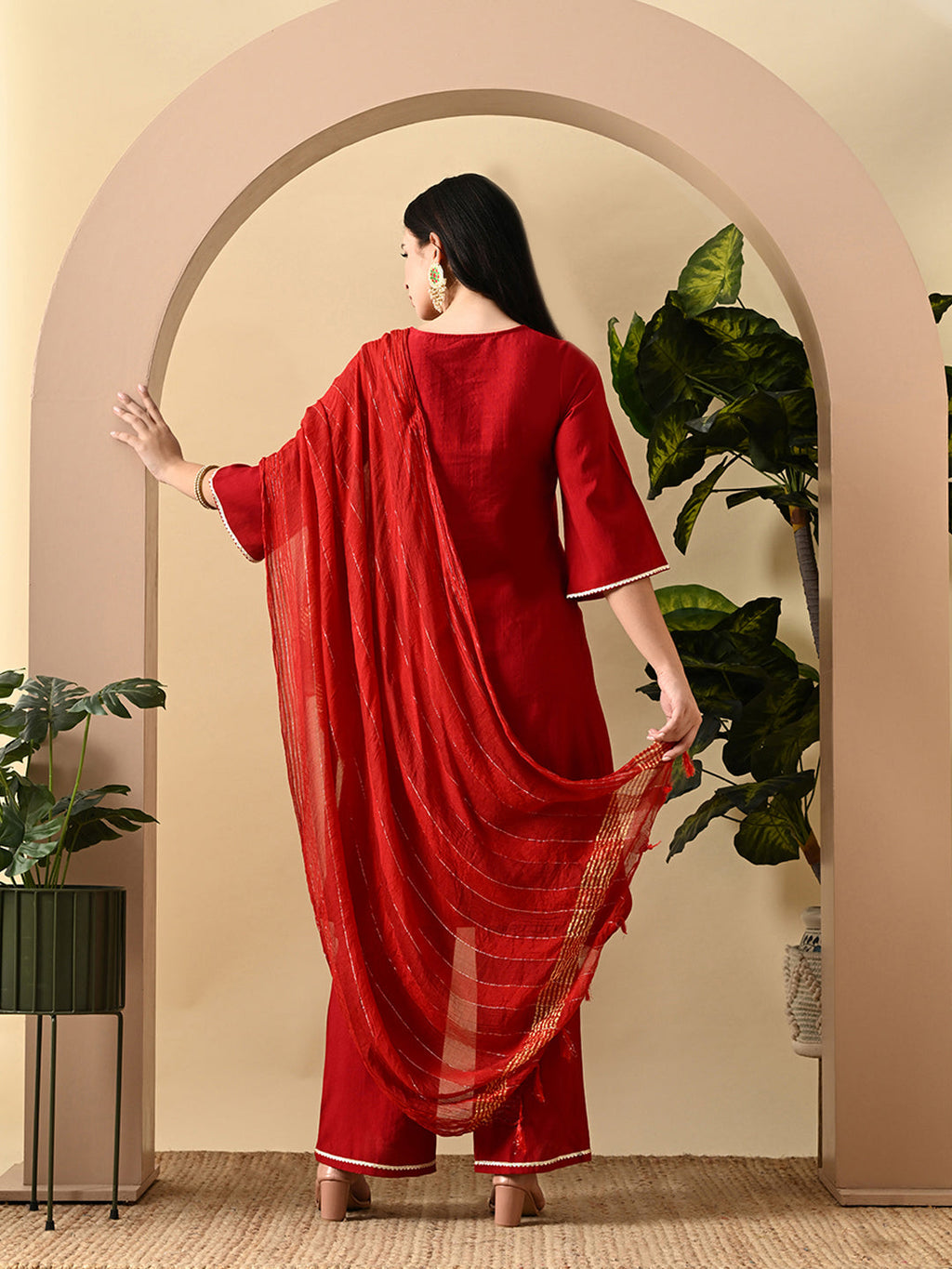 Myshka Women's Embroidered Keyhole Neck Bell Sleeves Kurta & Palazzos Set With Dupattas In Red Colour | Grocsy