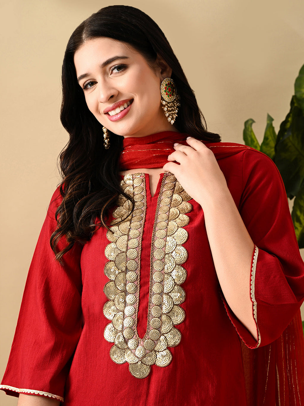 Myshka Women's Embroidered Keyhole Neck Bell Sleeves Kurta & Palazzos Set With Dupattas In Red Colour | Grocsy