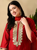 Myshka Women's Embroidered Keyhole Neck Bell Sleeves Kurta & Palazzos Set With Dupattas In Red Colour | Grocsy