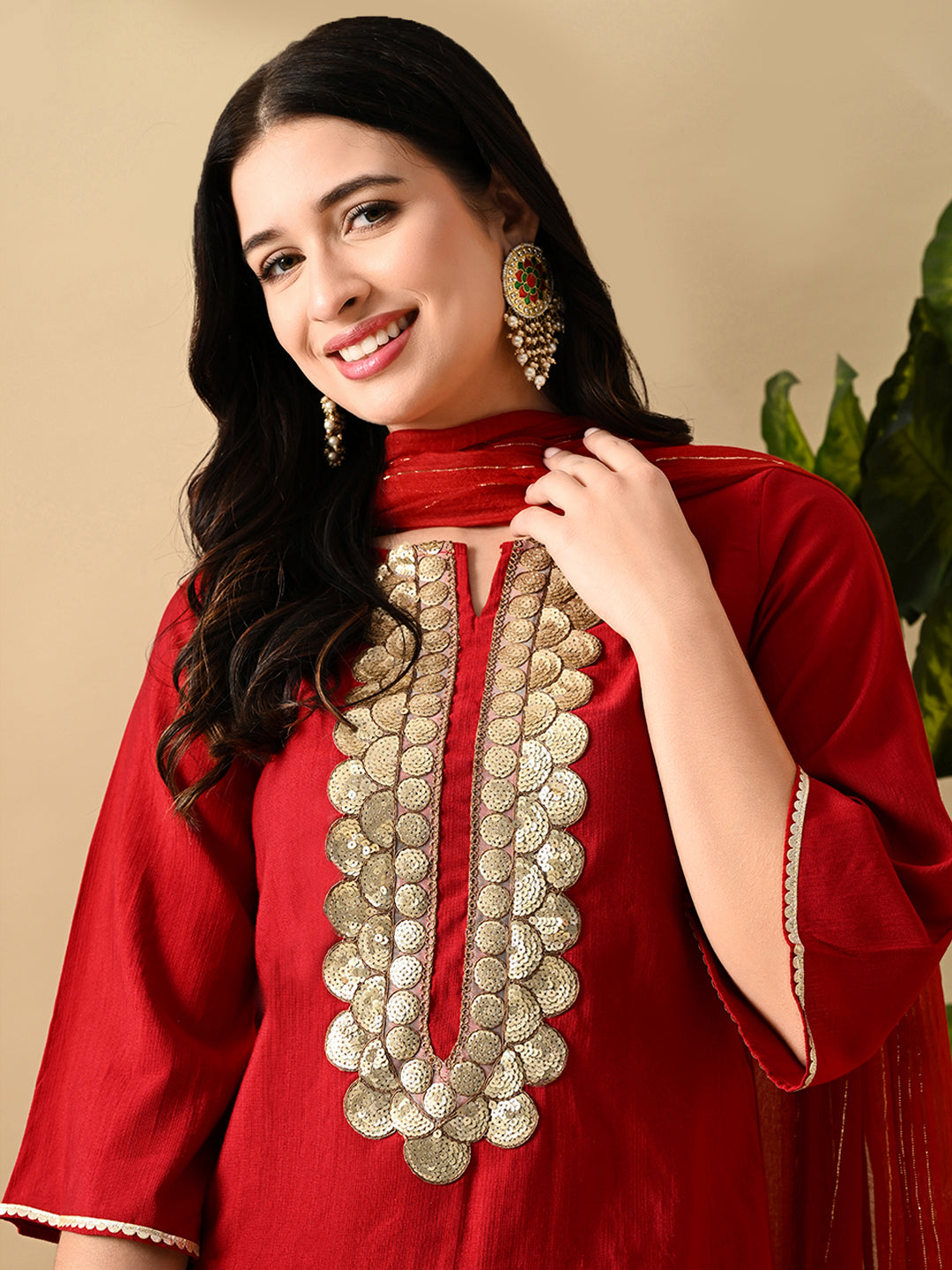 Myshka Women's Embroidered Keyhole Neck Bell Sleeves Kurta & Palazzos Set With Dupattas In Red Colour | Grocsy