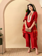 Myshka Women's Embroidered Keyhole Neck Bell Sleeves Kurta & Palazzos Set With Dupattas In Red Colour | Grocsy